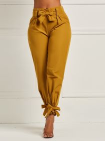 Solid Bowknot Loose Pencil Pants; Mature High Stretch High Waist Pants For Spring & Fall (Color: Lemon Yellow, size: XL)