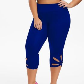 Plus Size High Rise Cut Out Capri Leggings; Women's Plus Medium Stretch Solid Casual Leggings (Color: Blue, size: 2XL(16))