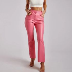 Brown PU Leather Pants For Women High Waist Solid Pocket Brown Women's Pants 2021 Autumn Winter Fashion New Trousers Female (Color: HAA3130 pink, size: S)