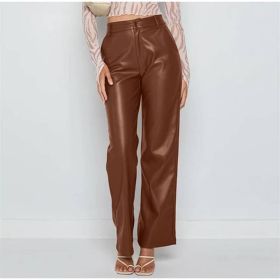 Brown PU Leather Pants For Women High Waist Solid Pocket Brown Women's Pants 2021 Autumn Winter Fashion New Trousers Female (Color: HFF6002 Brown, size: S)