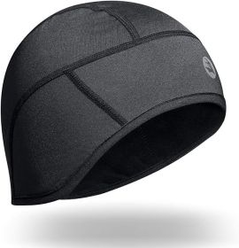 Mid-Weight Helmet Liner Skull Cap 6-Panel Beanie Thermal Running Hats Ears Warm Performance Moisture Wicking (Color: Black)