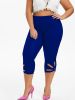 Plus Size High Rise Cut Out Capri Leggings; Women's Plus Medium Stretch Solid Casual Leggings