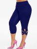 Plus Size High Rise Cut Out Capri Leggings; Women's Plus Medium Stretch Solid Casual Leggings
